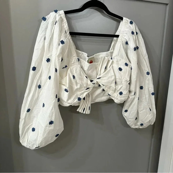 NWOT Farm Rio 100% Cotton Blue Flowers Embroidered Crop Top Blouse Size L - Picture 3 of 9